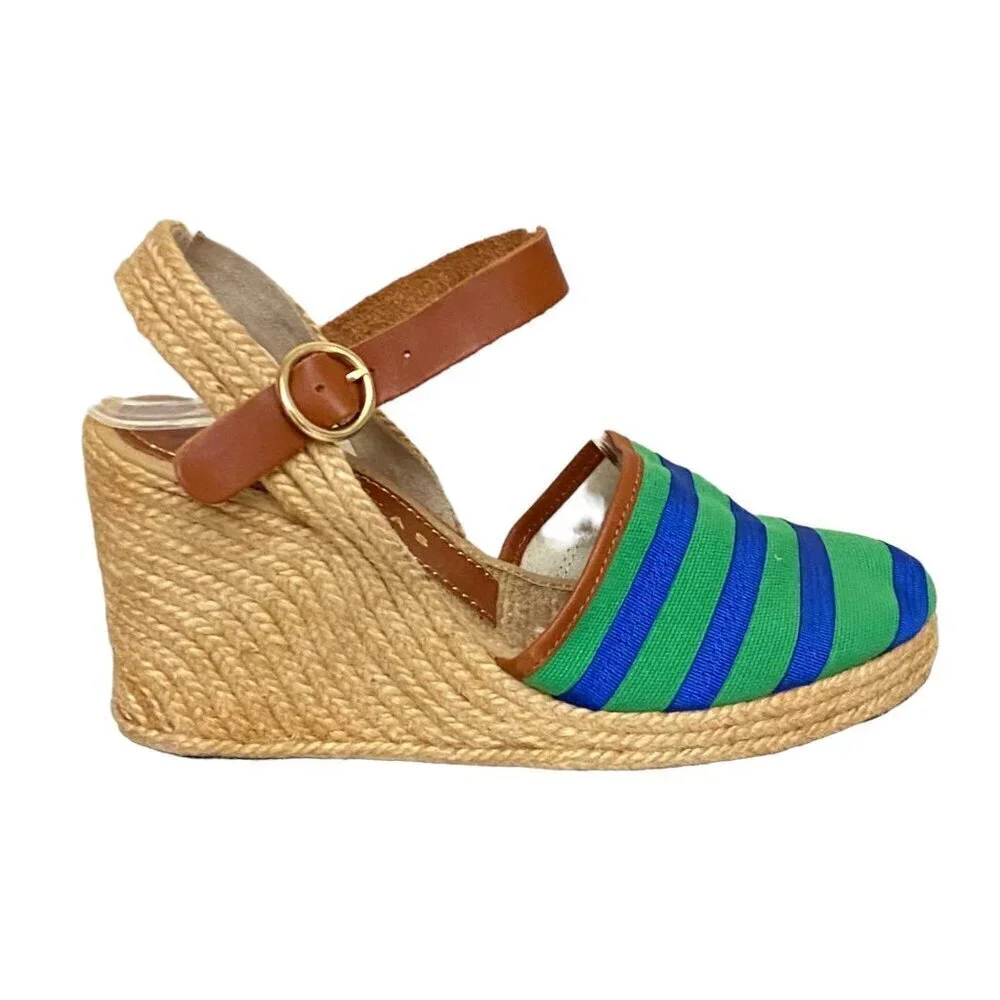 Paloma Barcelo Green Blue Striped and Leather Espadrilles Size 6.5